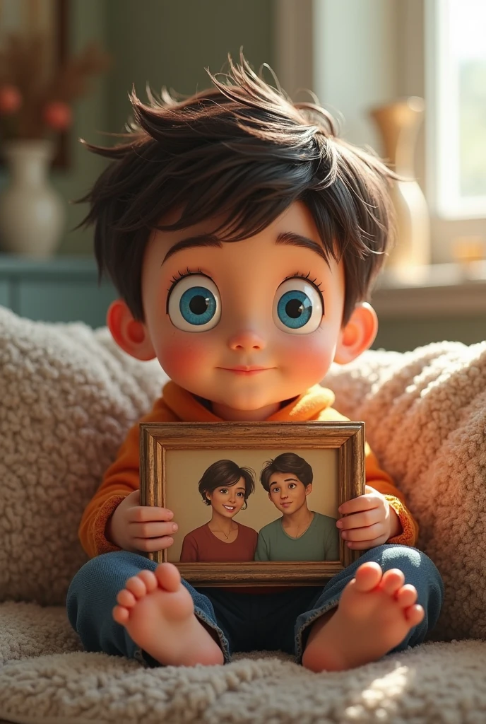 Create an image of a child looking at a photo of his family

