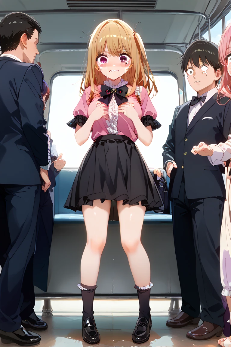 Girl on train, dress, peeing, embarrassed face, looking down, grabbing clothes, people around(Suspicious face) 