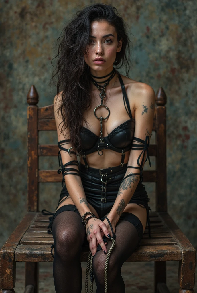 woman in electric chair, bound to electric chair, restrained, restraints on wrists, heavy bondage, electrodes on body, wires, woman being electrocuted, dying, convulsing, panicked, struggling, tense, muscles tense, execution, spanish woman, short curly hair, blue eyes, coils, young, naked, septum piercing, dimples, freckles, thick belt around neck, naughty expression, close-up, UHD, retina, masterpiece, accurate, anatomically correct, textured skin, super detail, high details, high quality, award winning, best quality, highres