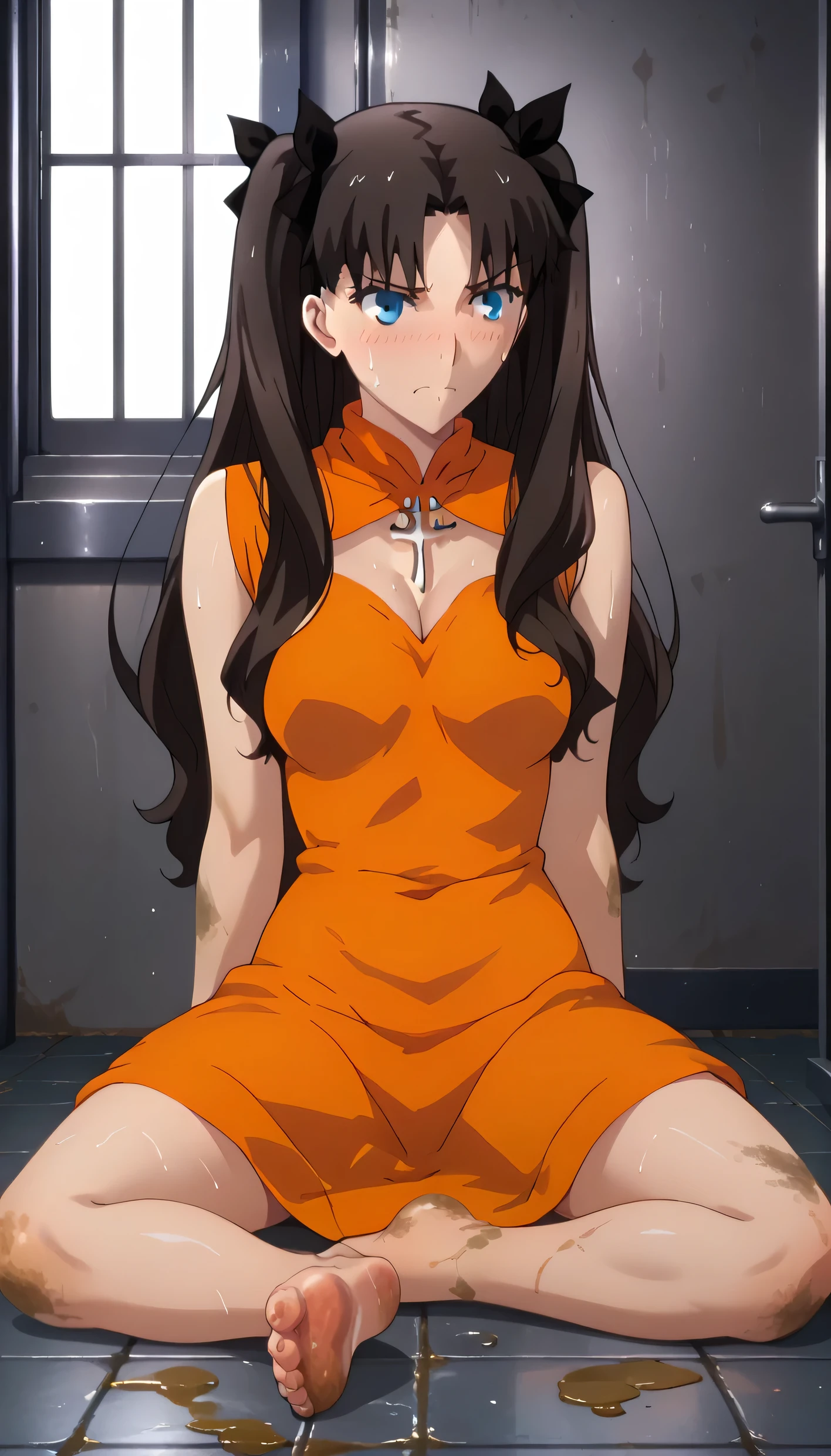 rin tohsaka, fate stay night, a girl, white skin, dark brown hair, (hair loose, disheveled and messy), blue eyes,            large breasts, beautiful body, (((wearing a short                  sleeveless orange dress of a maximum security prison      inmate with an inscription on the chest that mentions:     inmate R7066))), (((maximum security female prison for violent and dangerous inmates))), ((recreation yard of the maximum security prison fenced with large walls with    electric barbed wires and watchtowers in a dirty               condition and with an unpaved floor)), (((sitting on the     floor facing forward with her legs stretched forward, raised and separated focusing on her feet and the soles and   toes))), (full body), (Barefoot), (Embarrassed mood),          sunny day, heat, (Dim light), (((Dirty))), ((sweating)),        (Gloomy and depressing place)