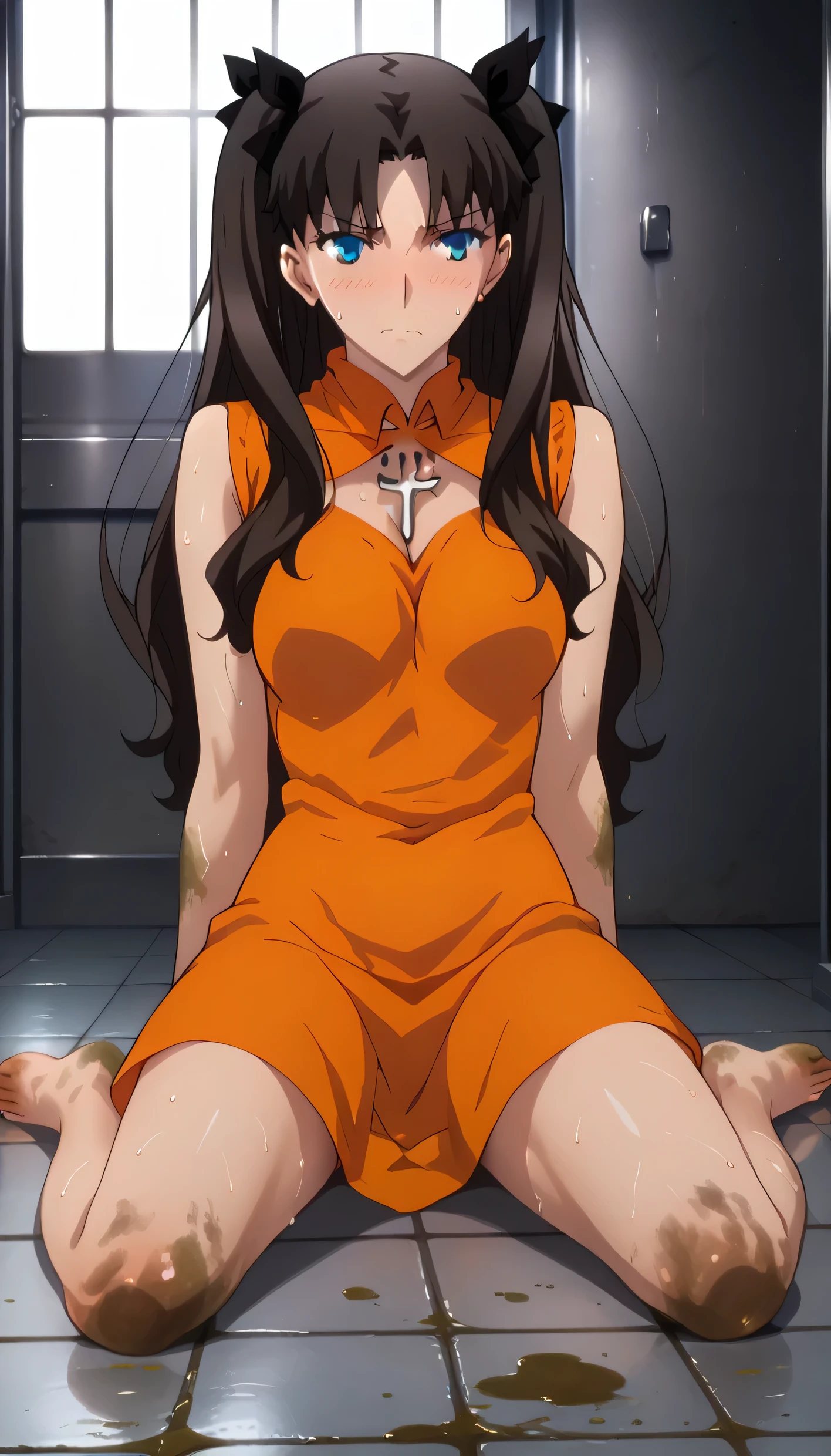 rin tohsaka, fate stay night, a girl, white skin, dark brown hair, (hair loose, disheveled and messy), blue eyes, large breasts, beautiful body, (((wearing a short sleeveless orange dress of a maximum security prison inmate with an inscription on the chest that mentions: inmate R7066))), (((maximum security female prison for violent and dangerous inmates))), ((recreation yard of the maximum security prison fenced with large walls with electric barbed wires and watchtowers in a dirty condition and with an unpaved floor)), (((sitting on the floor facing forward with her legs stretched forward, raised and separated focusing on her feet and the soles and toes))), (full body), (Barefoot), (Embarrassed mood), sunny day, heat, (Dim light), (((Dirty))), ((sweating)), (Gloomy and depressing place)