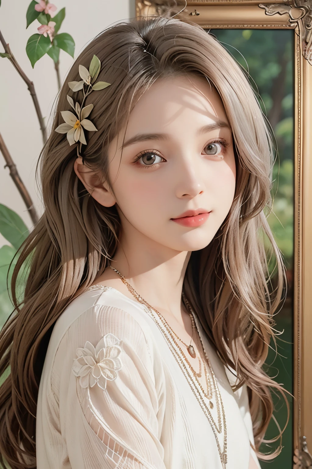 (detailed oil painting of a beautiful woman), rough touch, (small smile with calm, kind and bright expression), ((silver grey brown almost straight medium long hair!)), ((close up)), shiny skin, glossy lips, ((casual pastel spring outfit)), (spring sweater), (smart figure), small necklace, soft spring sunlight, small spring flowers of various colors, young leaves on trees, striking portrait, use of contour, clean line drawing, fine and intricate details, bright primary colors used partially as accents, fine and intricate details, (Alphonse Mucha compositional style), muted colors, impressionist style, floral frame, Art Nouveau frame, floral ornament, stress-free mixed media masterpiece,