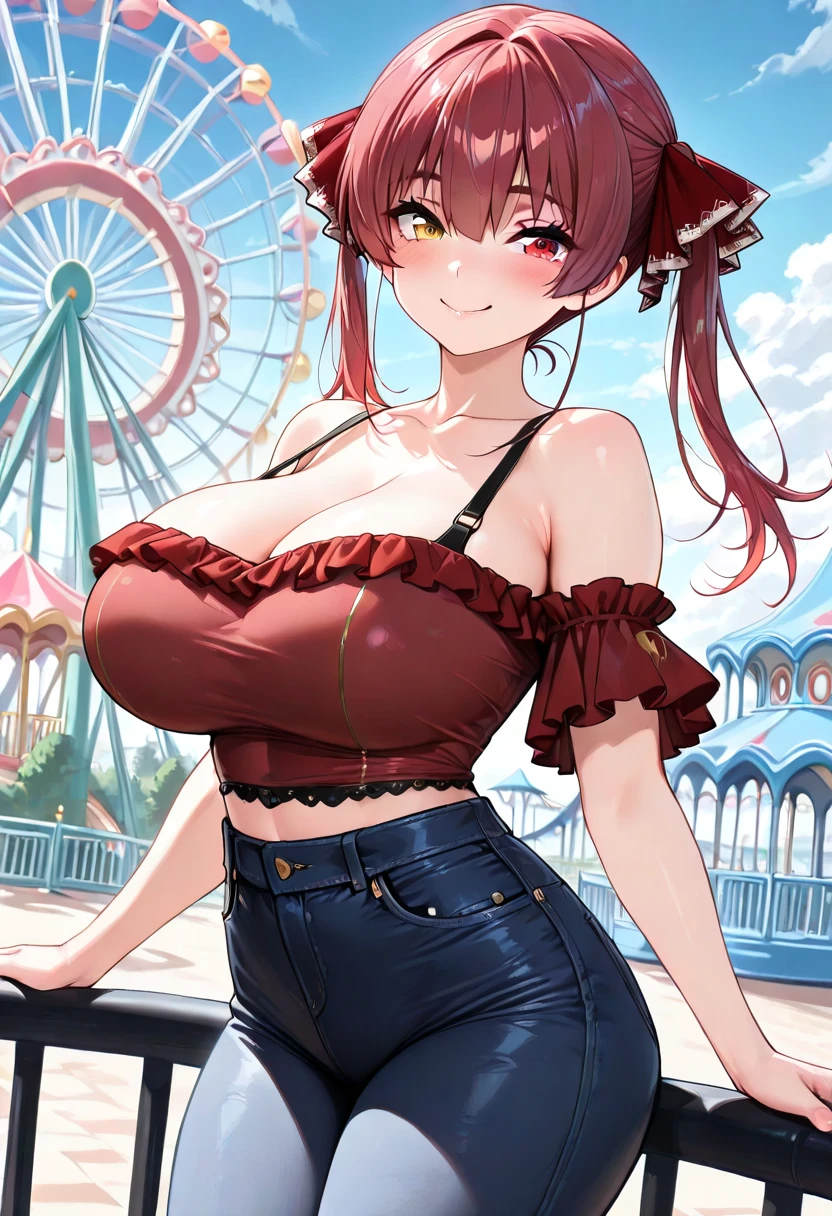 a woman in an amusement park, cute face, big breasts, smiles

