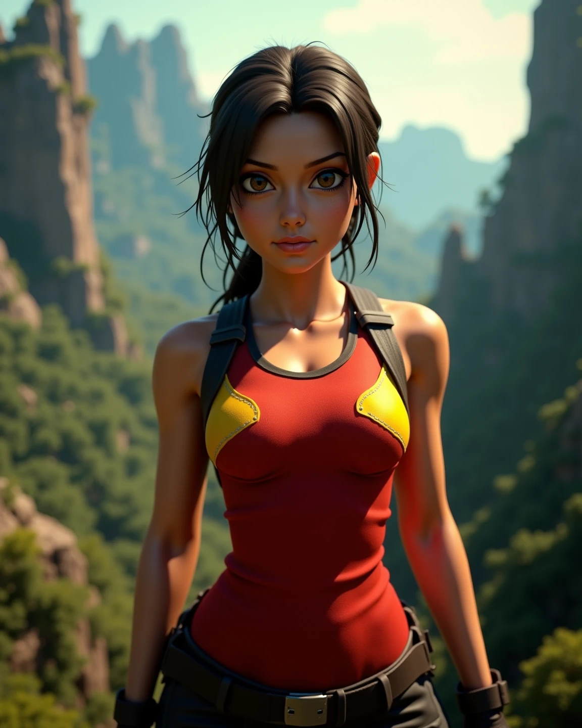 artwork, best quality, Kale, black eyes, ponytail, top cut, armband, red skirt, torso, standing, looking at viewer, nervous, green sky, mountains, rock formations, from above, close up Light brown girl, black hair, shy look, nsfw, heat, in love, looking at the viewer