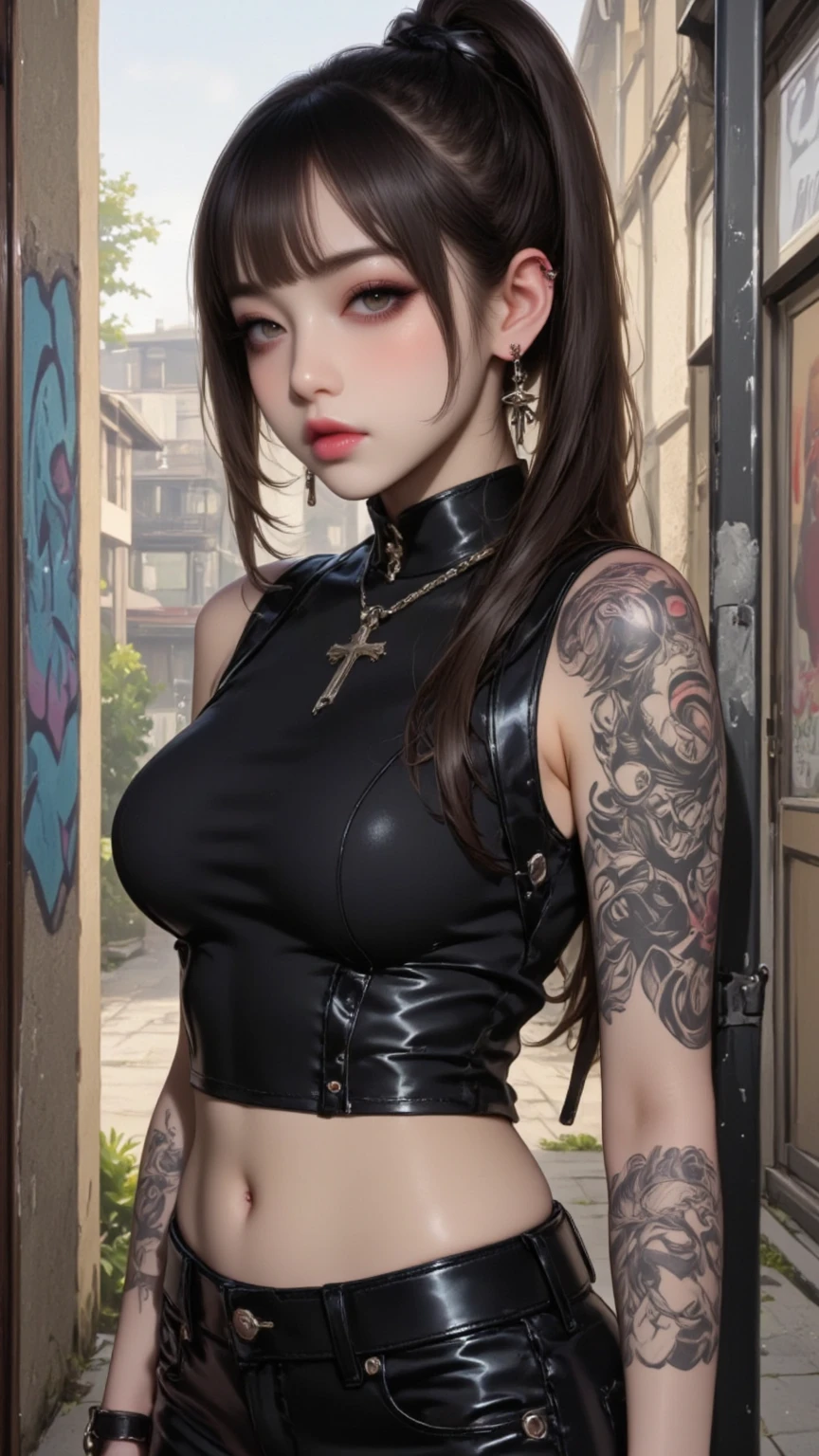 Beautiful female college student in the city,masterpiece,light makeup,Red Lip,Silver Hair,Disheveled long hair,Street Background,Grace,grace。Ultra-fine detailasterpieces,Authentic texture,Realism in film lighting,Perfect piece,8k,KHD,Delicate facial features,White skinny turtleneck top,White skin,Slim figure,Big bright eyes,Smooth Skin,ear discharge,Choker Necklace,(((He has many tattoos all over his body)), (((Tight waist))), ((Big Breasts)),(See-through),(panties)