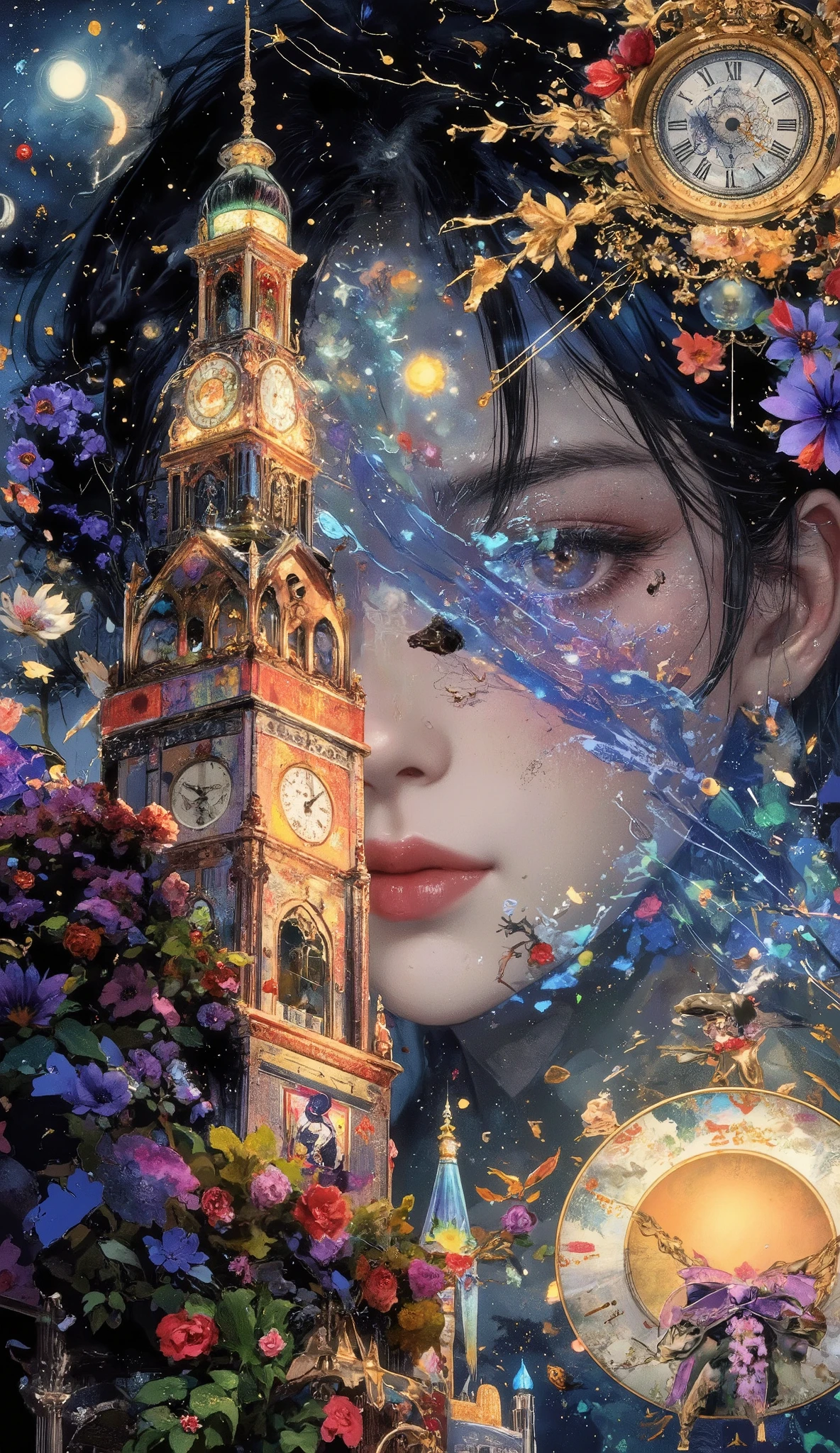 masterpiece, Best Quality, super resolution, perfect anatomy, female, Detailed Faces、Belém Tower、Astronomical Clock、Azulejo、Mucha style stand glass、light particles、Fauvism、 fantastic, dramatic, dynamic, absurd, metaphysics 