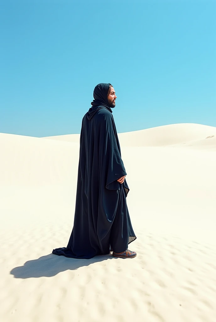 ((Create a realistic portrait with a warm cinematic perspective of a young man wearing a modest black Arab attire walking on a semi-desert road, looking ahead and carrying a black flag with no writing on it.
