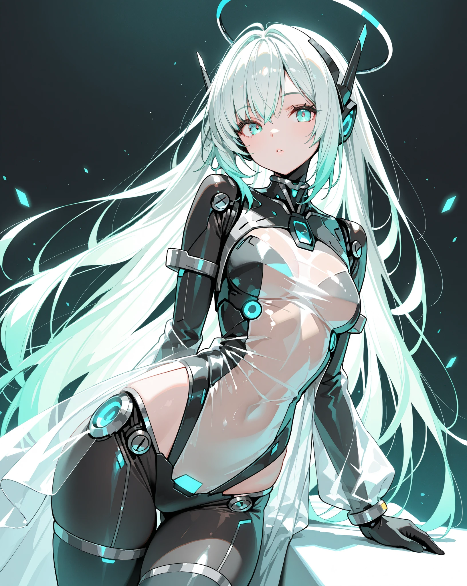 (quality)), ((masterpiece)), Recommended results、Puffy nipples、(see through:1.5)、straighten your back、abdominal muscles、huge bust、angle to floor:1.2、low camera angle、Hair loss on crotch,Hatsune Miku,super detailed)), (Very detailed的CG插画), ((extremely delicate and beautiful)),(1 white transparent mechanical girl)),alone,whole body,(Machine made joints:1.2),((mechanical limbs)),(Flashing blood vessel points connected to tubes),(Mechanical vertebrae attached to the back,with flowing glitter.),((Flowing rainbow fixed around neck)),perfect round face,(wires and cables attaching to neck:1.2),(Rainbow wires and cables on the head:1.2)(Character focus),,Very detailed,rich and colorful,most detailed,white ceramic skin,long blonde hair,maidennurse,Elves of the forest