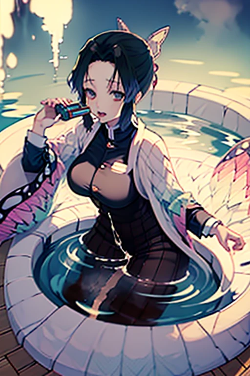 A woman wearing a bathrobe and headphones is lying by the pool、A beautiful night view behind、big breasts、sexy、Indoor pool with a night view、moonlight、exposed、half naked、Downlight、full moon、Stylish interior、Ruby Eye