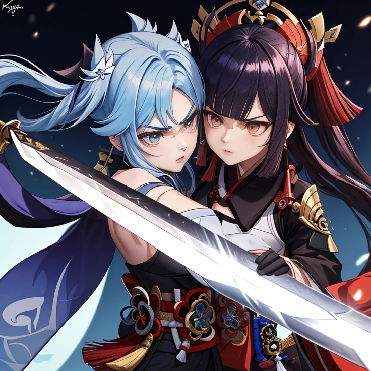 Adult elf with lapis lazuli hair wearing a kimono holding a Japanese sword　Japanese Sword 2