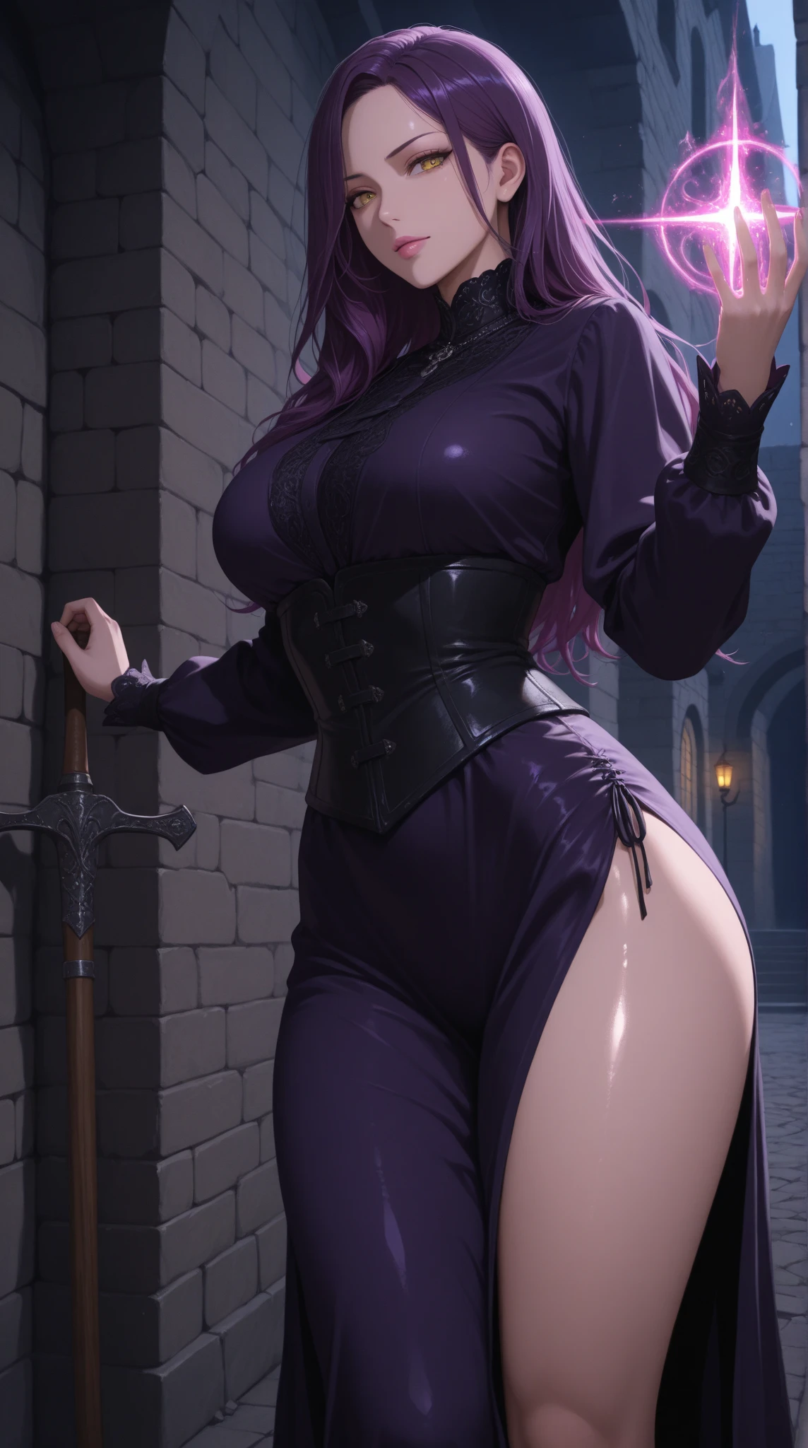 (masterpiece, best quality, perfect face, beautiful and aesthetic:1.2, dynamic angle, highest detailed face), (beautiful female dark elf witch, long messy black hair, purple eyes, huge breasts, narrow waist, perfect fit body), shapely butt, thick tights, (thicc:1.6), (flawless chocolate skin:1.8, dark skin:1.4), perfect fit body, (inside dark desolated cave), (dark purple theme:1.2), glowing, (purple aura:1.2), (purple energy), floating hair, telekinesis, purple energy magic swirling around), (extremely detailed eyes), detailed skin, skin pores, ((very revealing black robes)), enchanting gaze, full body portrait, cinematic lighting, darkness, dark scene, (dim light), mute lighting, dimly lit, looking at viewer, seductive pose:1.4, full shot, (solo:1.4), (high quality, CG, 4k, extremely detailed, hyper realism, dramatic light, sharp, HDR)