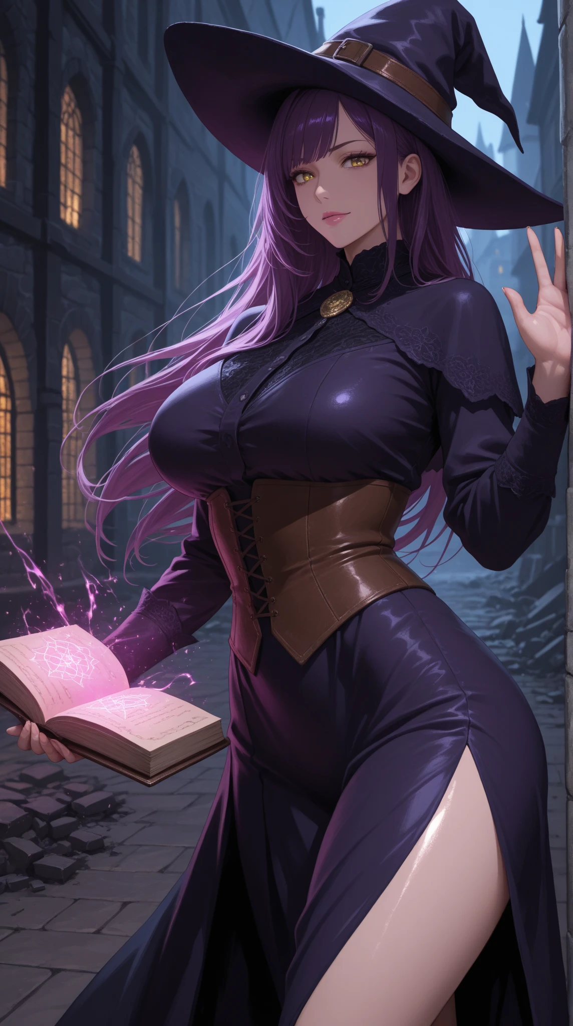 best quality, masterpiece, tharja, <lora:TharjaFE:0.7>, gold loincloth, gold-lined bodystocking, gold hairband, gold collar, cape, leaning on books, book stack, own hands together, fingers interlocked, ass, standing, looking back, looking at viewer, from side, (black marble background:1.2),