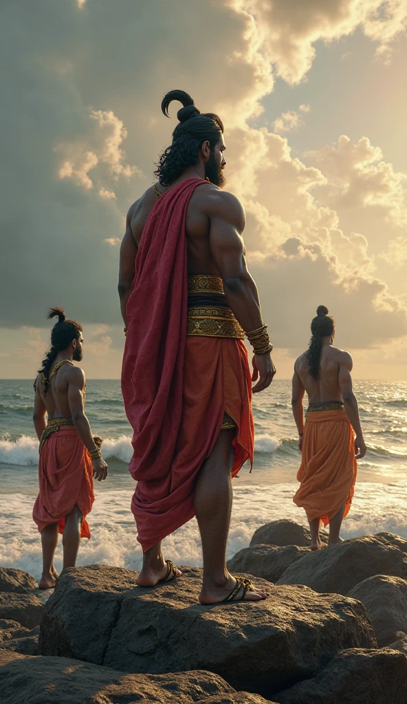 Generate realistic cinematic and 3d cartoon styles image "Lord Ram, Lakshman, and Hanuman discussing the plan for constructing the Ram Setu on the sandy shores, with the vast ocean stretching out behind them."