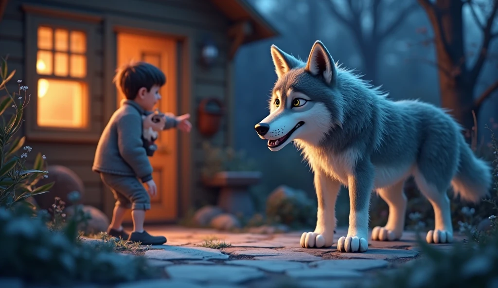 Create a Disney Pixar-style image of a 13-year-old boy whose feet transform into the feet of a wolf boy and gradually transform