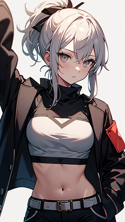 (absurdres, 8k, 4k, masterpiece, hyper extreme detailed:1.2), solo, 1girl, portrait, best quality, expressive eyes, perfect face, 1girl, portrait, solo, Female, mature female, adult, messy hair, white hair, medium bust, swept bangs, side bangs, messy hair, medium hair, perfect anatomy, soldier, angry, annoyed, red eyes, looking forward, forward view, perfect eyes, scars, gloves, red graphic t-shirt, half body, perfect anatomy, athletic shoes, bedroom background, leaning against wall, ponytail, adult, mature woman, standing, leaning back, perfect face, cowboyshot