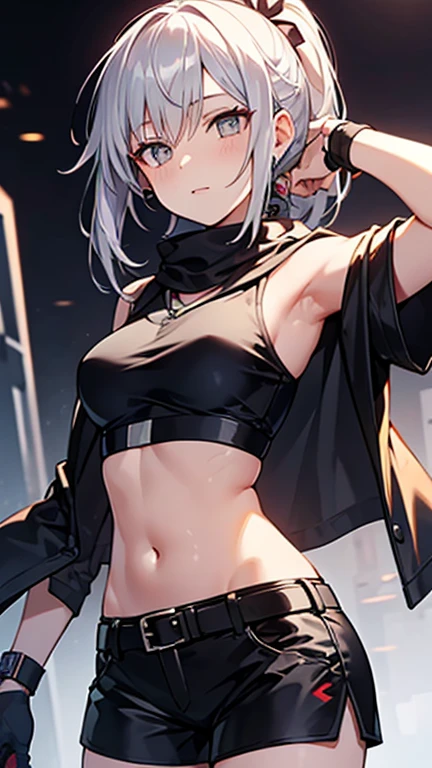 dark skinned, silver hair, abs, androgynous, nsfw, black skirt, dickgirl