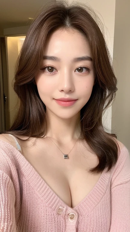 (Highest quality、Tabletop、8K、Best image quality、Award-winning works)、One beautiful woman、Selfie、Large Breasts、Full of maternal love、kind、Expressionless、Slight smile、Smooth, finely knitted cream sweater、No makeup、Calm cream colored wall background、Close-up of face、Accurate anatomy