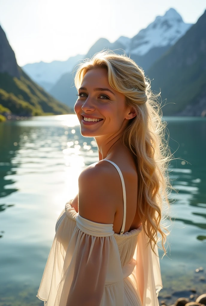 (best quality)), ((masterpiece)), (detailed), (margot robbie:0.5), (claudia schiffer:0.5), 25 yearl old woman, perfect body, perfect face, smiling, perfect face, instagram model, silky  blond hair, hair blown by the wind, no fringe on hair, Hyper realistic and detailed photo of one tanned fit blonde hair girl, sitting on fishing boat. perfect eyes, (Eye makeup:1.1), (highly detailed skin:1.1), RAW, analog style, sharp focus, 8k UHD, DSLR, high quality, Fujifilm XT3, grain, award winning, masterpiece. lake by mountains, fully clothed