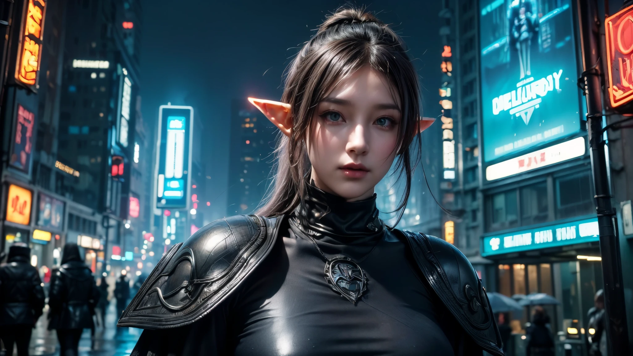 masterpiece,is of the best quality,high resolution, 8,000,(Portrait Photos:1.5),(R Original photo),Real Photos,Digital photography,(Cyberpunk style city streets,Bustling city streets,Neon sign,After the Rain,Mist,steam),(Female elves), 20 year old girl, random hairstyle,Through Bangs,( big breasts,Keep your mouth shut,Accessories,Keep silent,Elegant and charming ,Serious and arrogant,Calm and handsome,(a combination of cyberpunk and fantasy style clothing,Hollow design,Combined Armor,Photo poses, Realisticstyle, oc rendering reflective texture , Upper Body Lens ,looks into the camera