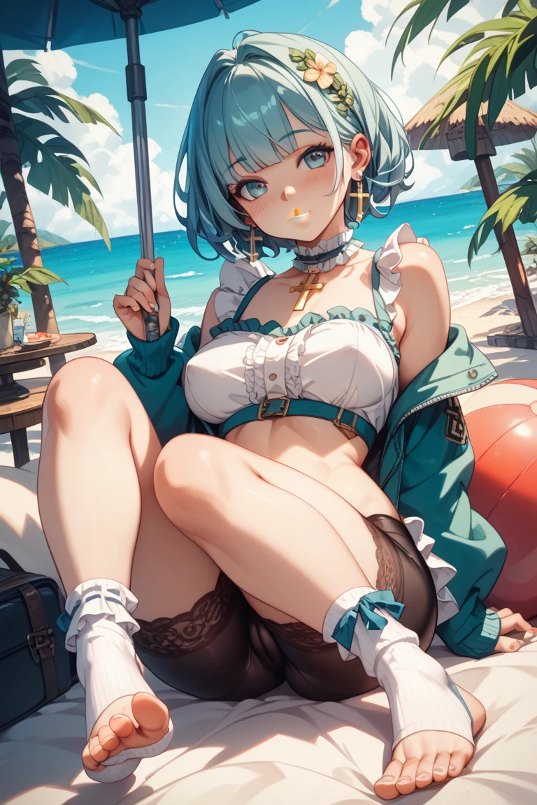 NSFW,masterpiece,Highest quality,High resolution,Super detailed,Sinon\(Sword Art Online\),(High-quality sexy halter bikini), hair ornaments, Hair Clip,Embarrassed,expectant face,Estrus,sexual excitement,blush,(Ahegao),Ocean,beach,Palm tree,Rock Shade,(Middle-aged men),(Having sex),heart,(Brown Skin),Wet,The man grabs her waist and pulls her close