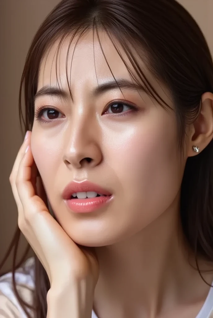 ((top quality, 8k, masterpiece: 1.3)), women (wearing white bikinis, inside_sauna: 1.3), in the sauna room, sweating, water droplets on the forehead of the face, warm room with redness, overhead camera, sharp focus: 1.2, cute women: 1.4, (((layered haircut)), (white shirt), very detailed face and skin and hair texture, Wet textured hair, wet body, detailed eyes, double eyelids, white skin, beautiful legs, beautiful delicate nose, brown hair, cute young Japan woman, 28 years old, with a bath towel wrapped around the body, at a dynamic angle, pleasant to the eyes, while emphasizing the subject's hair, eyes, mouth and action, while exuding melancholy emotions, characterized by a contrasting mix of calm tones and light and shadow, It is a thought-provoking composition.
