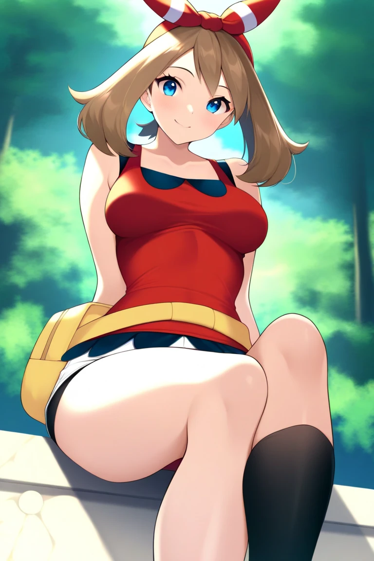 (best quality,4k,8k,highres,masterpiece:1.2), ultra-detailed, realistic:1.37, HDR, studio lighting, vivid colors, bokeh, baking, sketches, full body, eyewear on head, hat, skirt, sunglasses, shirt, black shirt, sleeveless, red skirt, pink hat, black thighhighs, white panties, detailed eyes, innocent gaze, nervous, fearful, embarrassed, nervous smile, visible thighs, thick thighs, thighs in the foreground, walking, forest, watched by a crowd of men, they observe her body, looking_at_viewer, she tries to hide her thighs with her hands