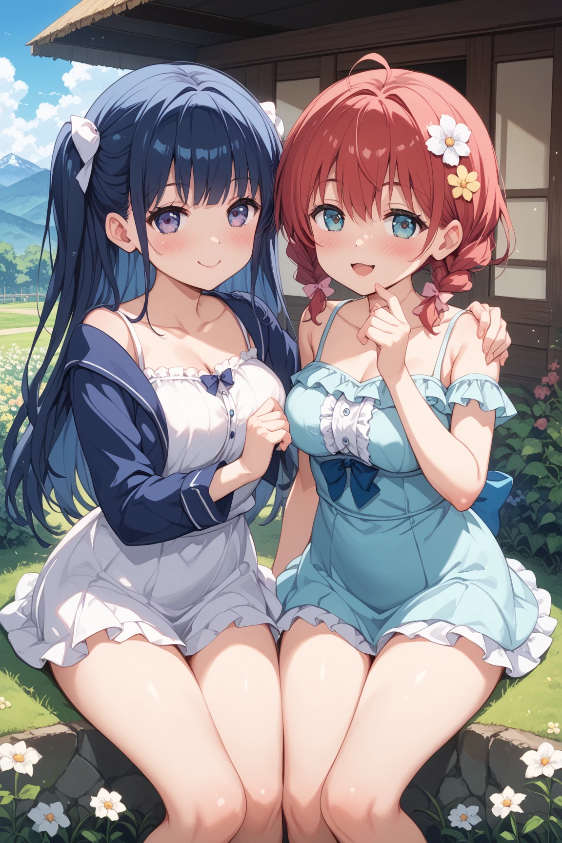 1 , blue dress with black hair, black eyes on a farm

