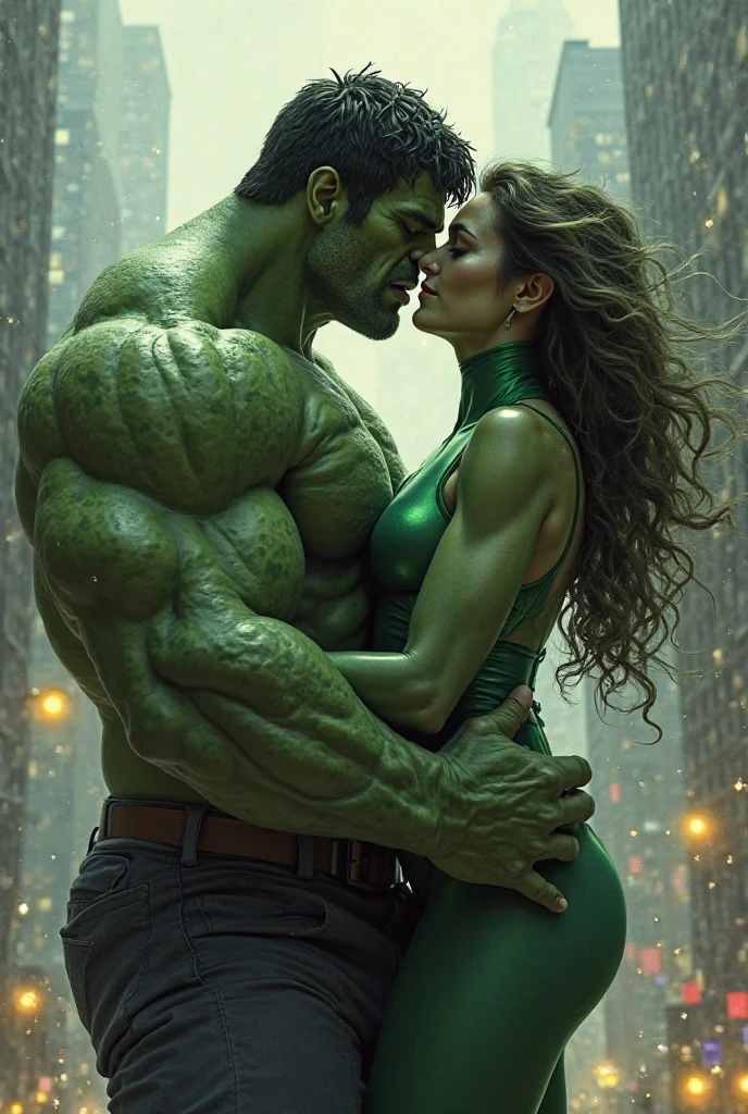 Imagine Female Hulk (Pink Colour Body) with Male Hulk (Green Colour Body) in Side War Zone, Wide Angle View, Kiss each other.