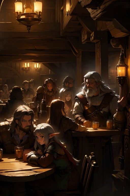 The situation in the tavern: A handsome bald human man is sitting and drinking beer, against the backdrop of two elf girls staring at him in awe, a human woman dressed as a cleric, Standing male draconate, femininas, e uma halfling ruiva tocando banjo