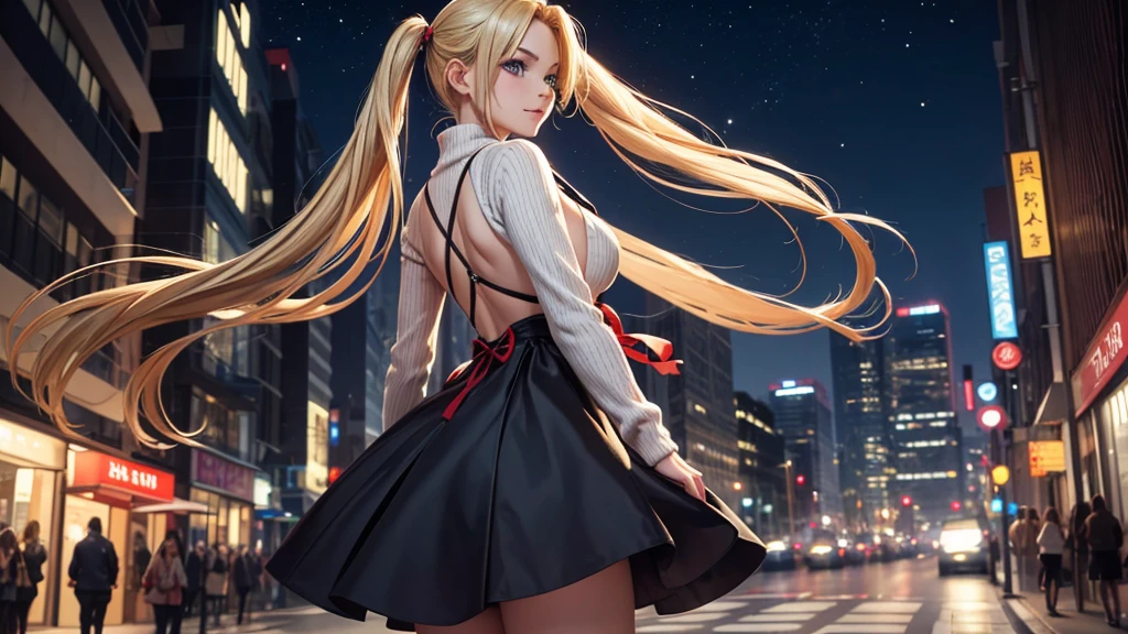 ((1Girl)),((28 years old)), ((Half up half down hairstyle)), Blonde hair, Exaggerated Body, Sexy, Black Dress,((city