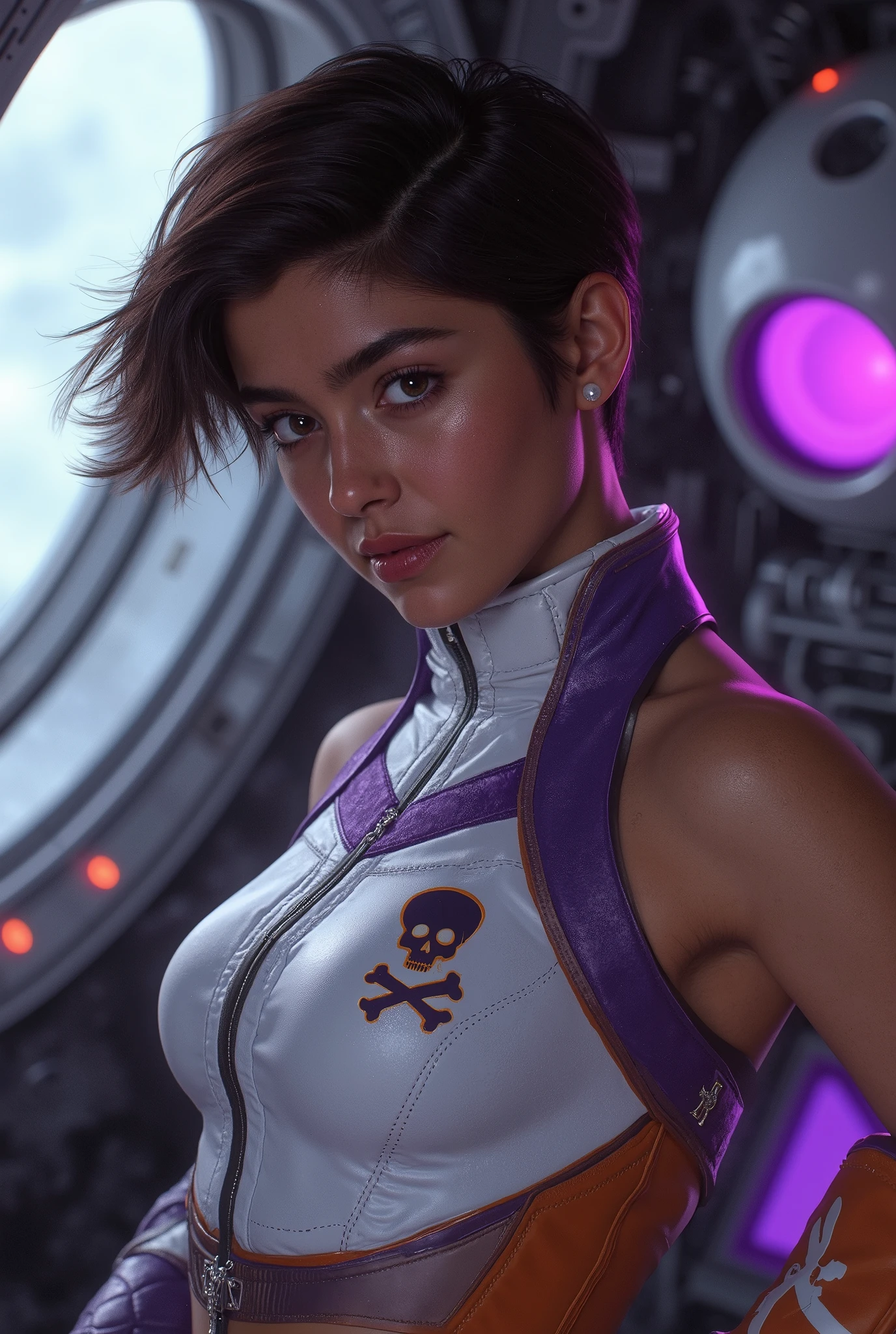 ((top quality)), (Masterpiece)), ( Details: 1.4), 3d, An absurd resolution, high definition, (Masterpiece: 1.4), ultra detail, 1 beautiful Mexican girl, (dark skin:1.4), bangs, image of the futuristic pirate woman, skull and crossbones mark, female space pirate, Shiny brown short hair, beautiful iridescent eyes, beautiful faces, toned body, muscular, 20 years old, high nose, seductive smiling, Spaceship, (floating:1.9), small, (matte white and violet and orange Space Suit:1.4), Tight fitting space suit that accentuates the body lines, Spaceship, window, future, dynamic poses, Costume Change, cinematic lighting