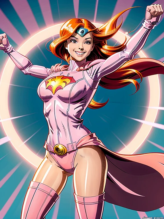 Solo, A brave and courageous image of a 6 member ranger team, Each one is decorated in vibrant colors such as:: ((Pink)), red is front of center, violet, Green, yellow, blue black, white,. Dynamic poses in a background that exudes energy and courage, neon, fire, plasma, Fluorescent, shocking, pink big bomber, splashing pink, running, fighting pose, action pose, Embodying the essence of the classic Sentai superhero team. Each Ranger:: The attire is sophisticated and modern, Each color has elements that reflect its theme., Ready for action. ((Camel Toe)), weapons, in sunset background , in cinematic lighting, cover art mixed cinema poster style,