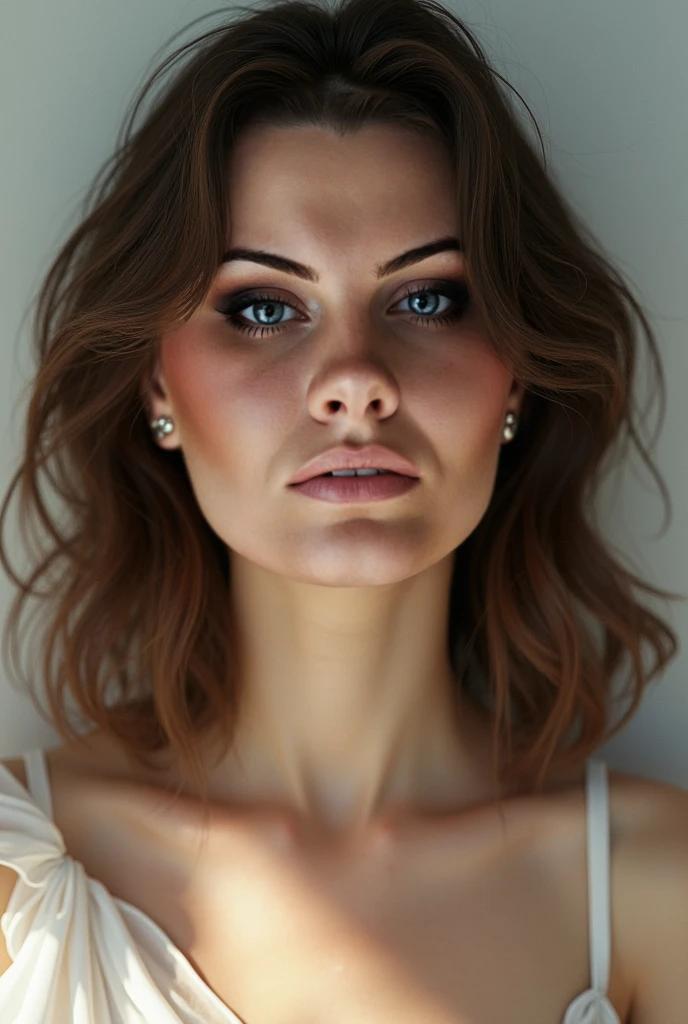 8K uhd、RAWphotograph、model photo shoot、Russian Race, European race, (masterpiece, Highest quality, Photorealistic, High resolution, photograph: 1.3), Close-up, Focusing, Hot Model, slim、 30 year old mature woman, Small face, Short Hair, dark brown hair, Fine beautiful eyes, Realスキン, (perfect body), Sexy Face, Erotic,sexual gaze, Fine eyes, Glossy lips, Small breasts, 、Bust B cup、((Bright light、Dynamic lighting、Real、超Real、 realism、Realなディテール⦆、Cool beauty、Cool pose、Background gray、Plain grey background