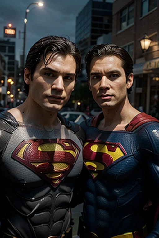 Superman and punisher portrait photo of a superman wearing glasses and superman suit with blue shirt, shooting a gun in the parking lot with the miami office building and palm trees in the background, high quality, very sharp, professional photography