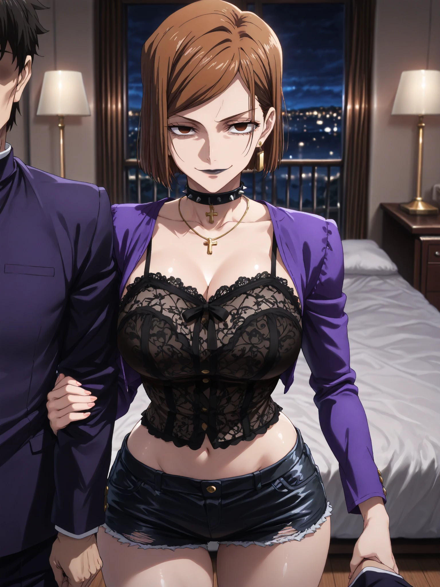 brown hair, short hair, (yellow eyes:0.6), <lora:Lee_Jihye__Regressor_Instruction_Manual:0.9>, lee jihye, park, exhibitionism, open coat, lace lingerie, lace stockings, garter straps