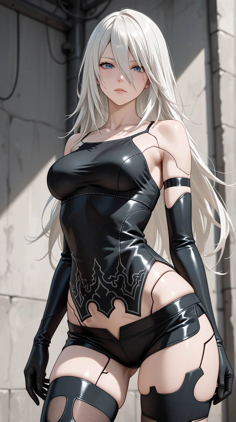 qi_aov_new, 1girl, solo, grey eyes, grey hair, bangs, long hair, hair ornament, breasts, large breasts, looking at viewer, blue eyes, white background, animal ears, bare shoulders, standing, white hair, , pants, black pants, armor, lips, gauntlets, jewelry, braid, toes, anklet, tail, ass, realistic, (masterpiece),((ultra-detailed)), (highly detailed CG illustration),(expressionless), (best quality:1.2) naked showing boobs without clothes sexy hot body