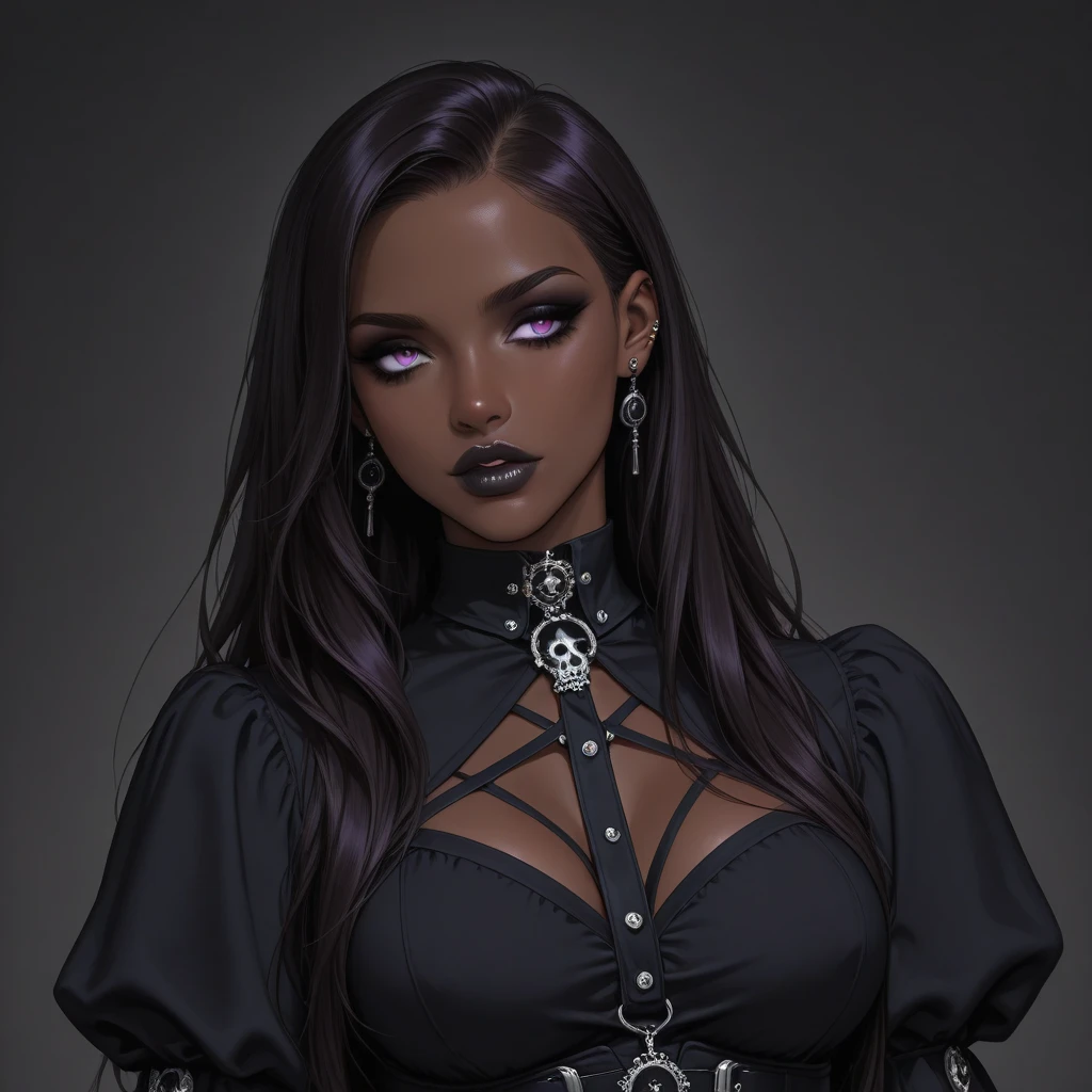 The most beautiful black girl in the world, long black hair, medium breasts, hips, form fitting clothing, pantyhose, gothic background, gothic theme, gothic clothing