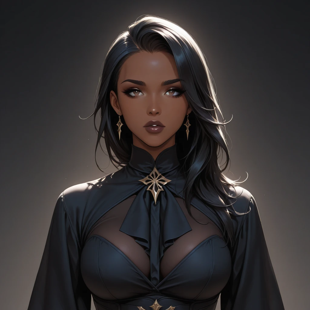 (Witch), (((masterpiece))), (((best quality))), (masterpiece: 1.3), ((16k, .RAW, sharp focus, better details, vibrant color strokes )), ((8k)), ((ultra-detailed)), ((detailed face)), (1 dark-skinned human female: 1.2),(dark-skinned mother: 1.2), (black hair 1.3 ), (((red eyes: 1,2))), ((well-drawn eyes, detailed eyes: 1.2)), (standing), sexy body, (black cloak: 1.2, gold lines), (cloak, witch ), (bracelet, earring, gold accessories), wallpaper, pinterest, (((Official art, masterpiece, ultra-detailed))), (((best quality: 1.2, intricate details, ultra-high: 1.2)) ), photo model, (subtle cleavage), (black cloak: 1.2), Fantasy Art, (Fantasyart), mother, sexy body, big breasts, witch items, frontal photo, cinematic photo, natural light, wallpaper, pinterest, badass image, perfect photo, volumetric lighting