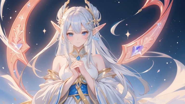 A fantasy anime-style elf girl with long silver twin-tailed hair and ...