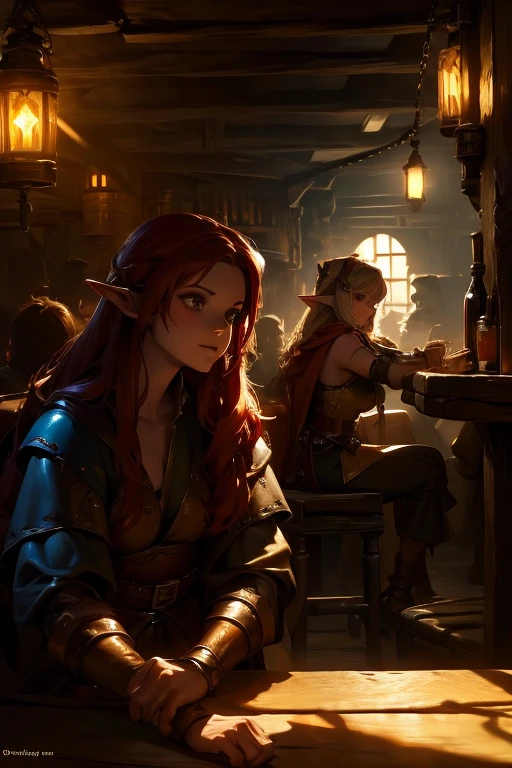 an elf, long hair in red braids, very green eyes, parts, thin lips, round face, medium breasts, Wide hips, wearing black elf warrior clothes, imposing and distinguished, beautiful and arrogant elf, serious and superior elf, sitting at a table in a tavern drinking a mug of beer and being admired by several adventurers INFO