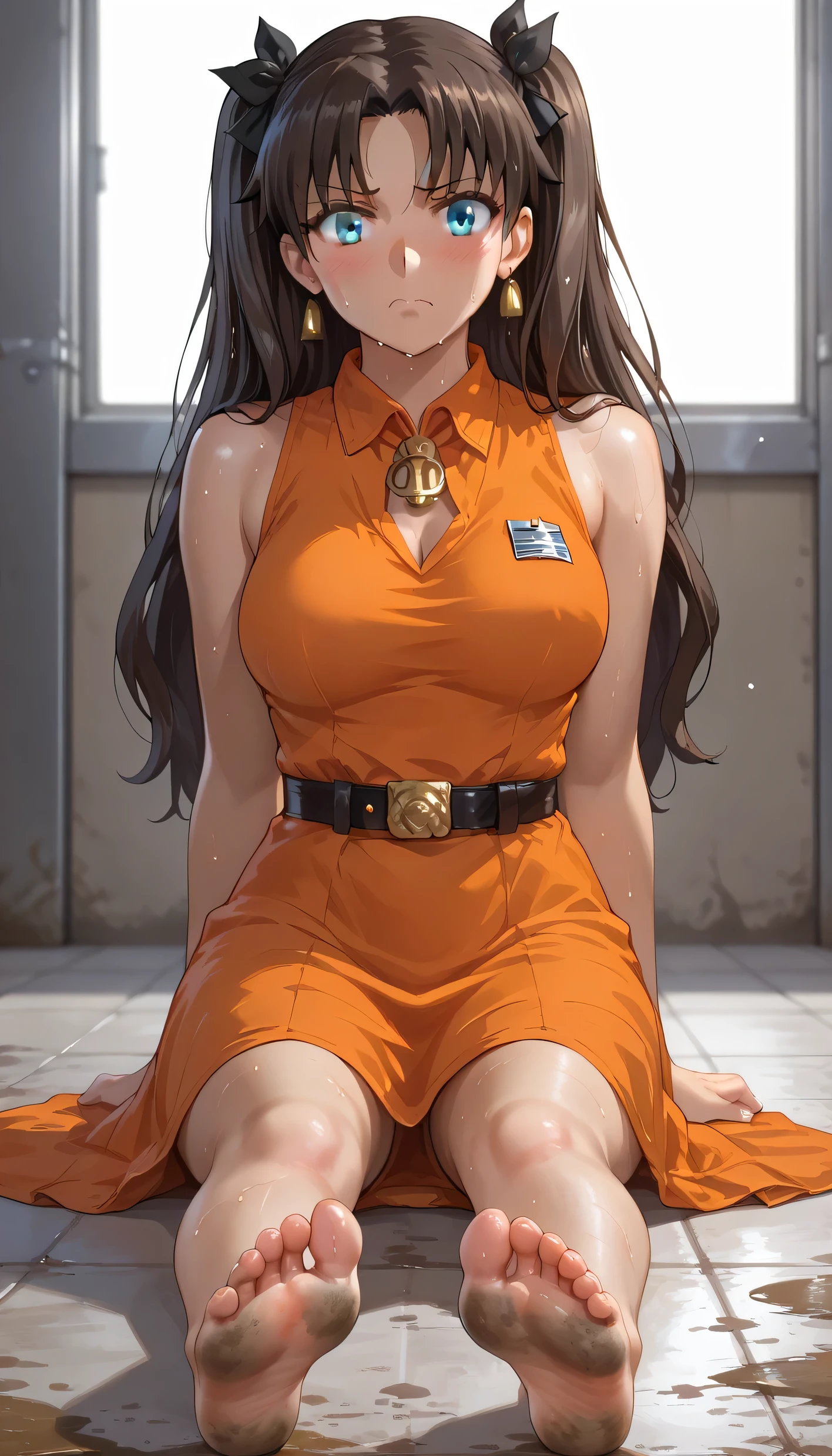 rin tohsaka, fate stay night, a girl, white skin, dark brown hair, (hair loose, disheveled and messy), blue eyes, large breasts, beautiful body, (((wearing a short sleeveless orange dress of a maximum security prison inmate with an inscription on the chest that mentions: inmate R7066))), (((maximum security female prison for violent and dangerous inmates))), ((recreation yard of the maximum security prison fenced with large walls with electric barbed wires and watchtowers in a dirty condition and with an unpaved floor)), (((sitting on the floor facing forward with her legs stretched forward, raised and separated focusing on her feet and the soles and toes))), (full body), (Barefoot), (Embarrassed mood), sunny day, heat, (Dim light), (((Dirty))), ((sweating)), (Gloomy and depressing place)