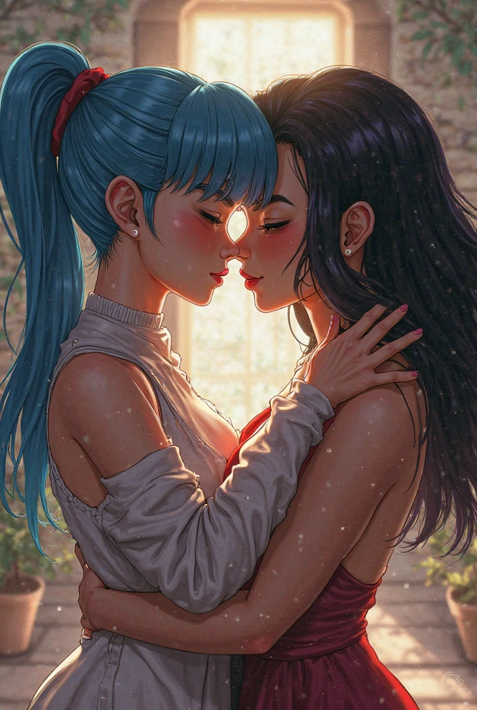Close-up of a woman with another woman kissing her necklace, girl with cosmic hair, Rossdraws' soft vitality, Gouvez style artwork, fantasy art style, colorful], vibrant fantasy style, Rossdraws cartoon full of vitality, cosmic and colorful, Guweiz, colorful digital fantasy art, stunning art style, beautiful anime style, white skin, subtle