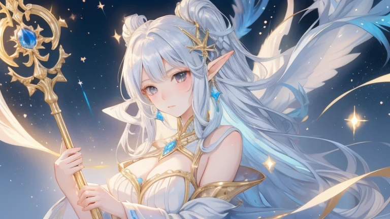 Elf、female、Large Breasts、Wizard、holy magic、Aura of Light、White-blonde、森のElfの衣装、森を守るElf、whole body、Stylish、Yellow-green eyes、Create a ball of light
