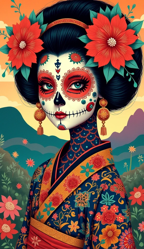 japanese necromancer in peruvian folk outfit, vector graphics, strong contours