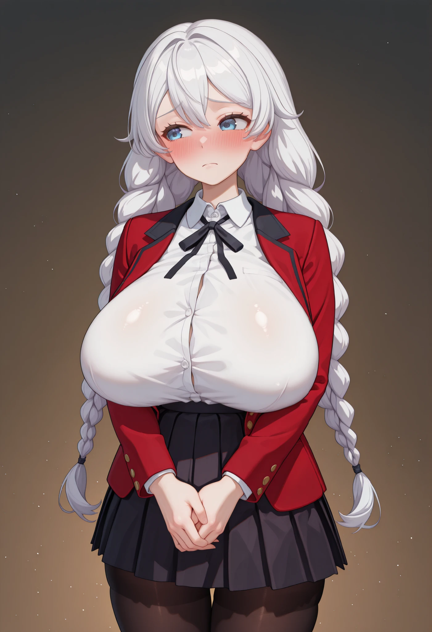 (masterpiece, best quality, perfect hands, perfect fingers), 1girl, solo, KiaKaBum, RicCakHi3, blue eyes, white hair, long hair, hair between eyes, twin braids, wear a slim-fitted red long blazer over a white collared-shirt, layering, separate blazer and collared-shirt, slim-fitted red blazer with black lapel-collar, long blazer covered skirt, white collared-shirt with thin ribbon, small black thin ribbon, plain black pleated skirt, mini skirt, (A-line:0.5), dark pantyhose, dark brown loafers, (enormous breasts, sagging breasts), skindentation, ((blush, averting_eyes, frown, closed mouth, shy, embarrassed)), no background, looking at viewer, standing, cowboy shot, (own hands clasped), adjusting clothes,