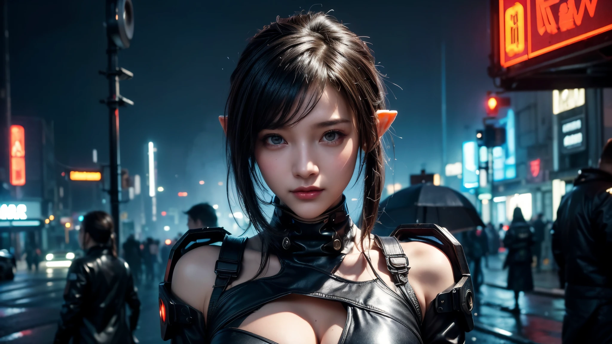 masterpiece,is of the best quality,high resolution, 8,000,(Portrait Photos:1.5),(R Original photo),Real Photos,Digital photography,(Cyberpunk style city streets,Bustling city streets,Neon sign,After the Rain,Mist,steam),(Female elves), 20 year old girl, random hairstyle,Through Bangs,( big breasts,Keep your mouth shut,Keep silent,Elegant and charming ,Smile,(cyberpunk style dress,Hollow design,Photo poses, Realisticstyle, oc rendering reflective texture , Upper Body Lens ,looks into the camera