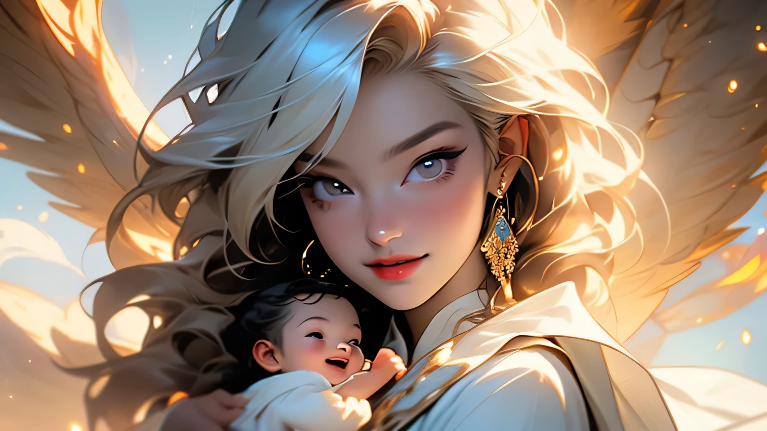 A strong slender muscular sexy knight on light armor and magic particles around her holding her 3 years old baby boy and cuddling her son very cutely 