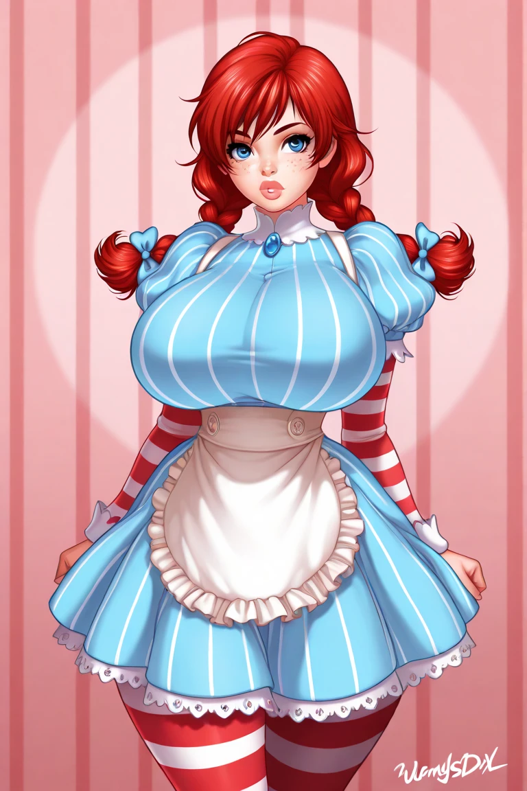 score_9, score_8_up, score_7_up, score_6_up, score_5_up, BREAK, 1girl, solo, looking down at viewer, huge breasts, wendy \(wendy's\), freckles, sexy, low angle,, shexyo 
