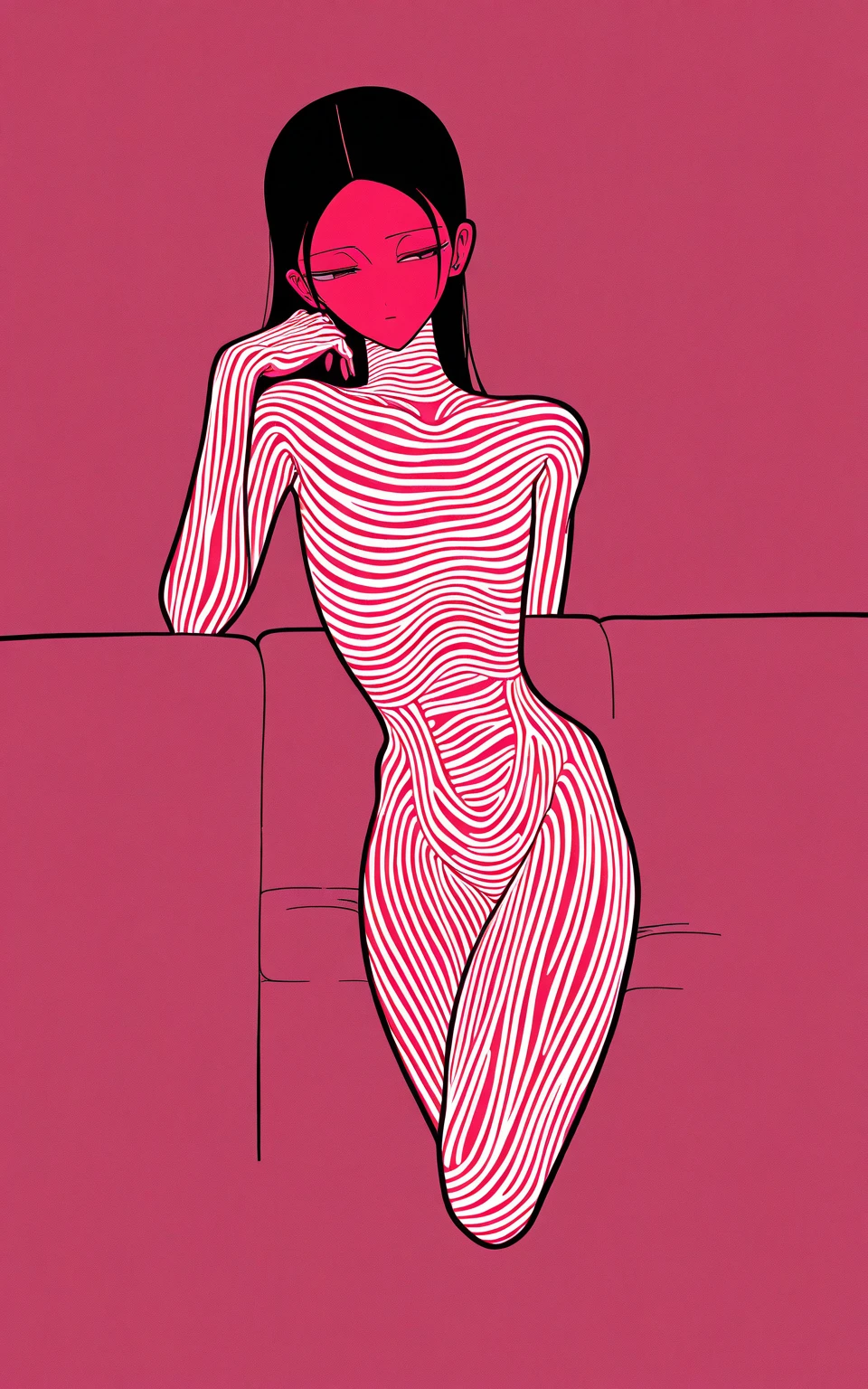 Create a digital anime-style image of a young woman with a modern, pink hair, hair cut side shaved head, eyes blue, lips atractive, beatiful fitness of her. edgy appearance standing confidently in a dimly lit room with a cyberpunk aesthetic. , styled hair with vibrant colors, The room cyber with window. high details. minimum clothing. feel comfortable in your room kneeling, large breasts, cute nose, seductive, white choker, pink lips, freckles, pretty girl, showing the legs and feet