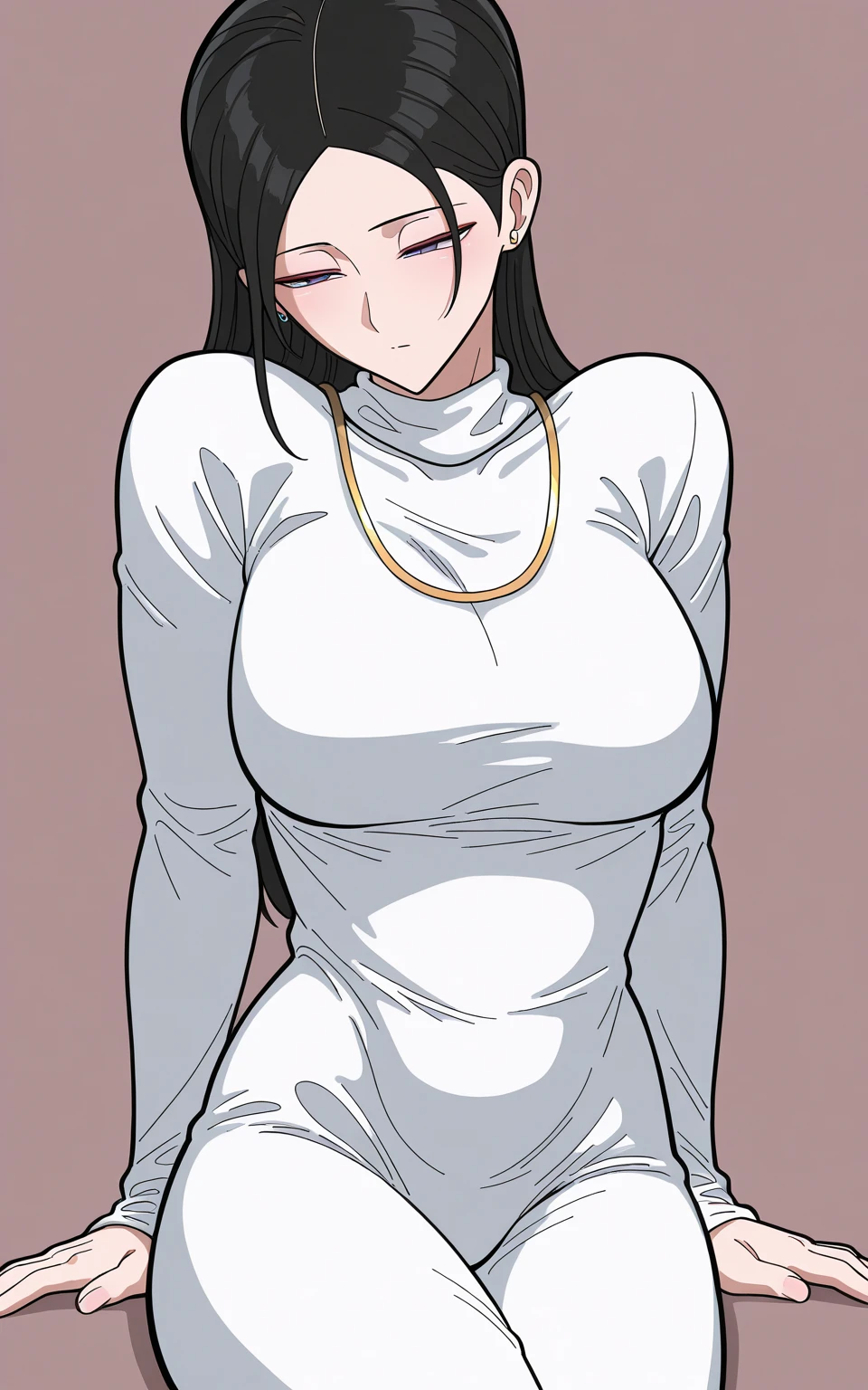 (((Long black Beautiful Hair))),blacks hair,kawai,(((Eyes visible from bangs,hair over eyes:1.3))),,Huge breasts,(Yellow color eyes),,(yellw slanted eyes),1girl in,bangs,longs black hair, (white background) (using dark red sweaters, sweater models, off-the-shoulder sweaters), ((Don't wear any pants because the bottom fabric of the sweater is long from the sides to the middle of the thigh)) the curve of her thighs is visible, ((long straight hair)),((The pose of the right hand above the chest, the pose of the left hand hanging down the fingers must be perfect)) (long sweater sleeve covers the back of the hand) image as per tag, Standing body position facing the left side, Bare thighs, very big bearts